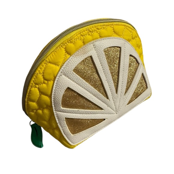 Betsey Johnson Lemon Slice Pouch - Yellow Glitter Citrus Quilted Cosmetic Bag - Picture 2 of 3